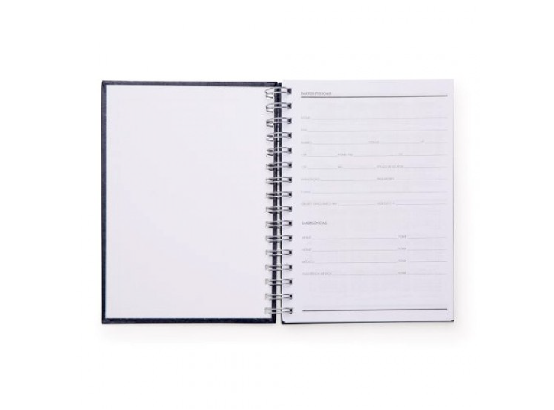 Caderno comercial com capa dura de couro sintético. Fechado com wire-o (1ª folha)- 15 x 21 cm